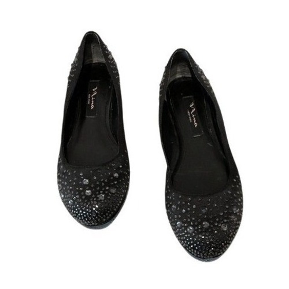 Nina Ballet Flats Womens 7.5 Black Excellent Rhinestone Embellished Satin Shoes